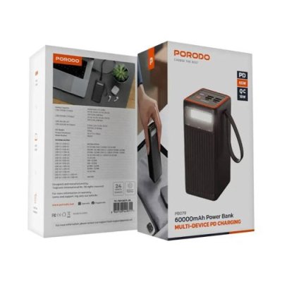 Porodo 60000mAh Power Bank, Multi-Device PD Charging, Smart Power Management, Laptop Charger, QC 22.5W, 65W PD, 4 USB-A & 2 USB-C Ports, Display to Show Charging Status